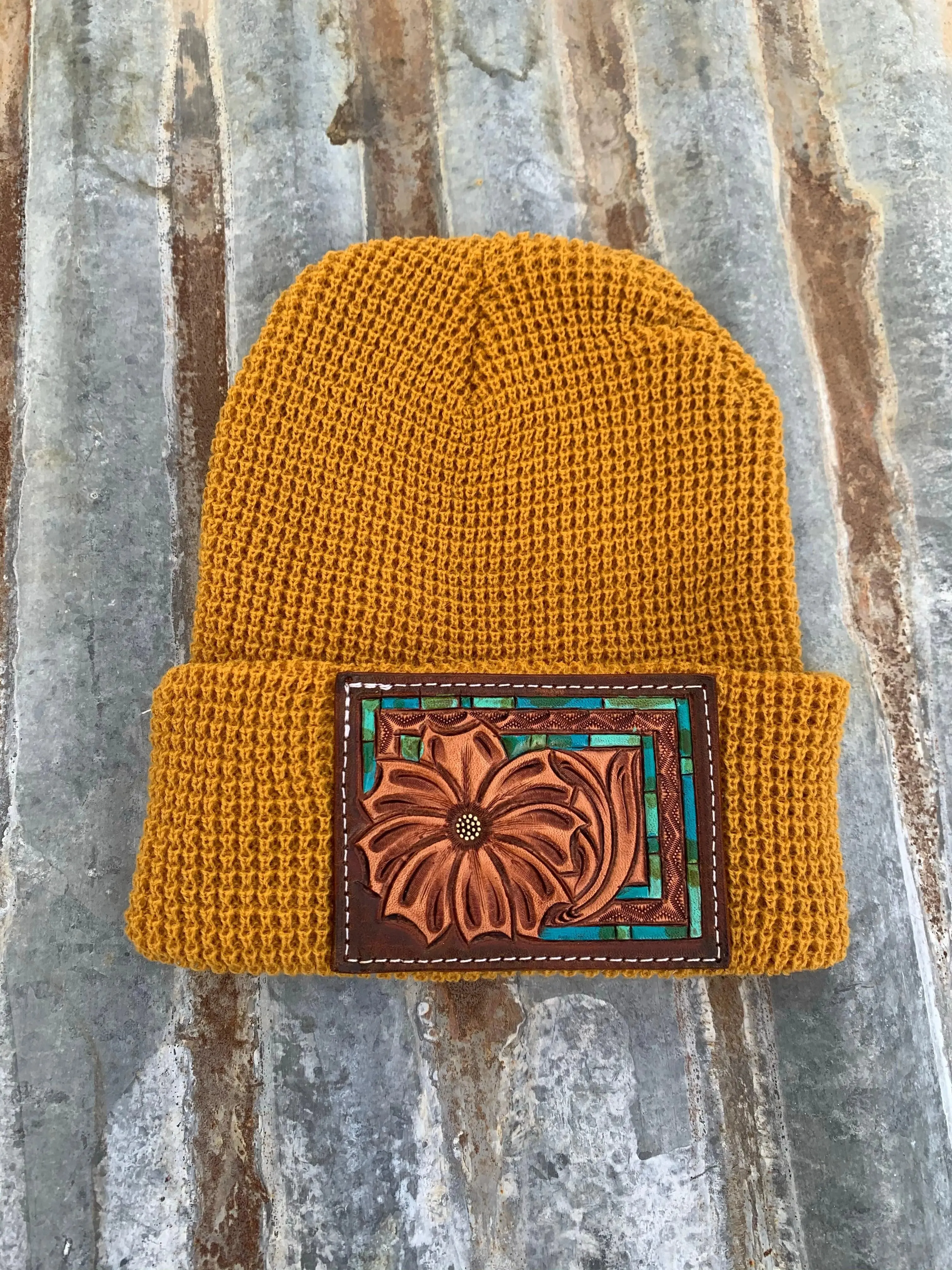 The Daisy Handtooled Leather Patch Beanie, Fitted in Turquoise and Southwest Border