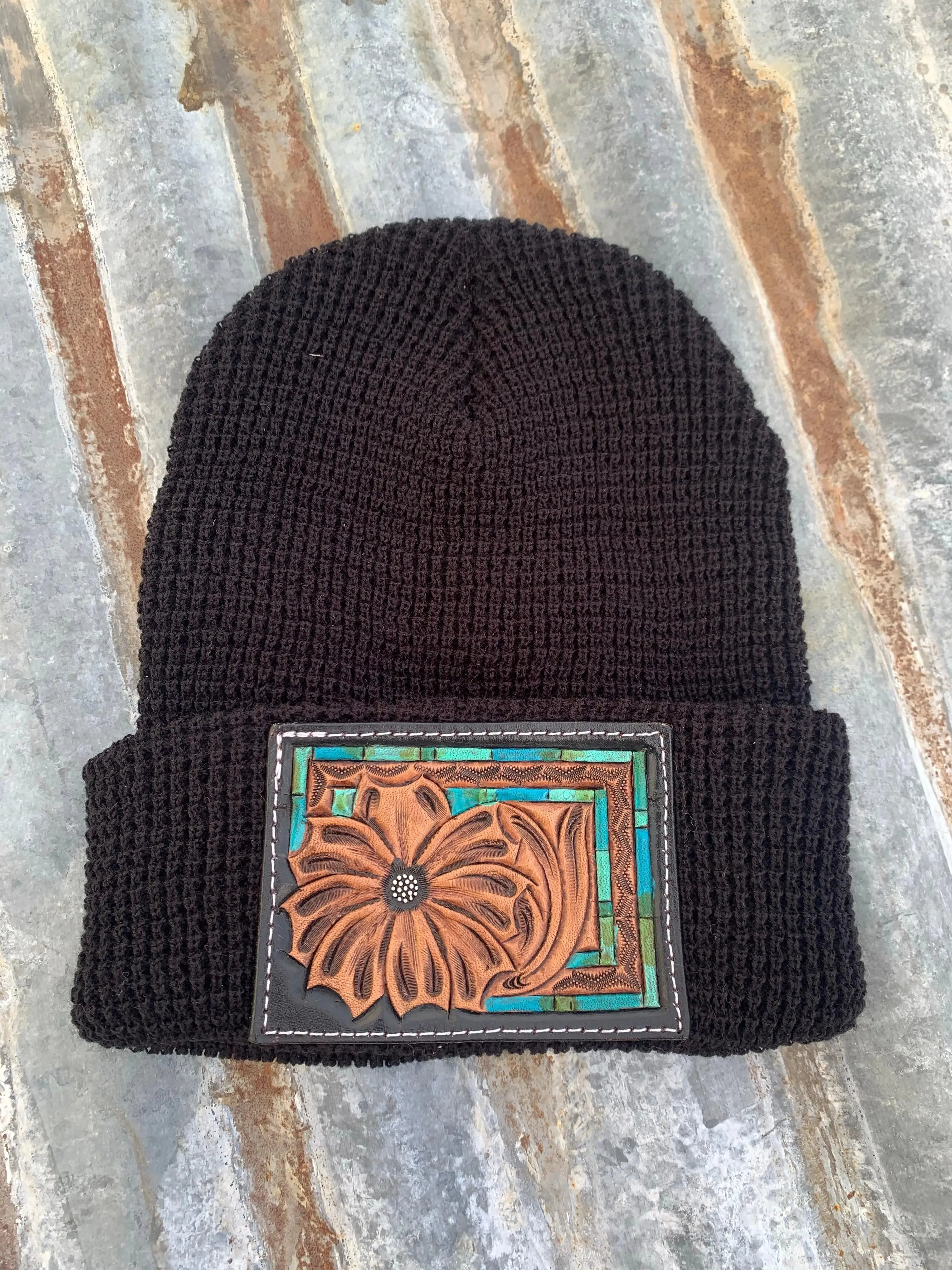 The Daisy Handtooled Leather Patch Beanie, Fitted in Turquoise and Southwest Border