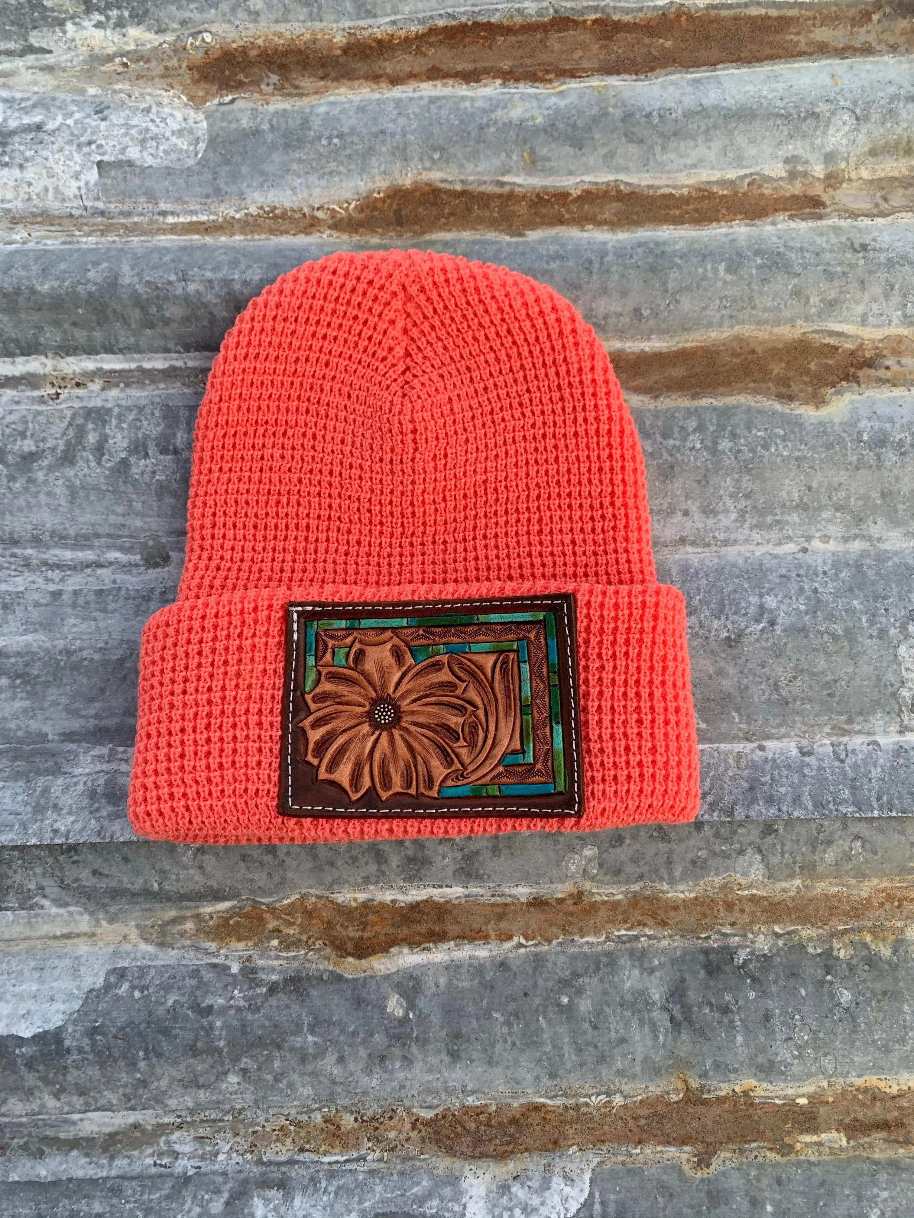 The Daisy Handtooled Leather Patch Beanie, Fitted in Turquoise and Southwest Border