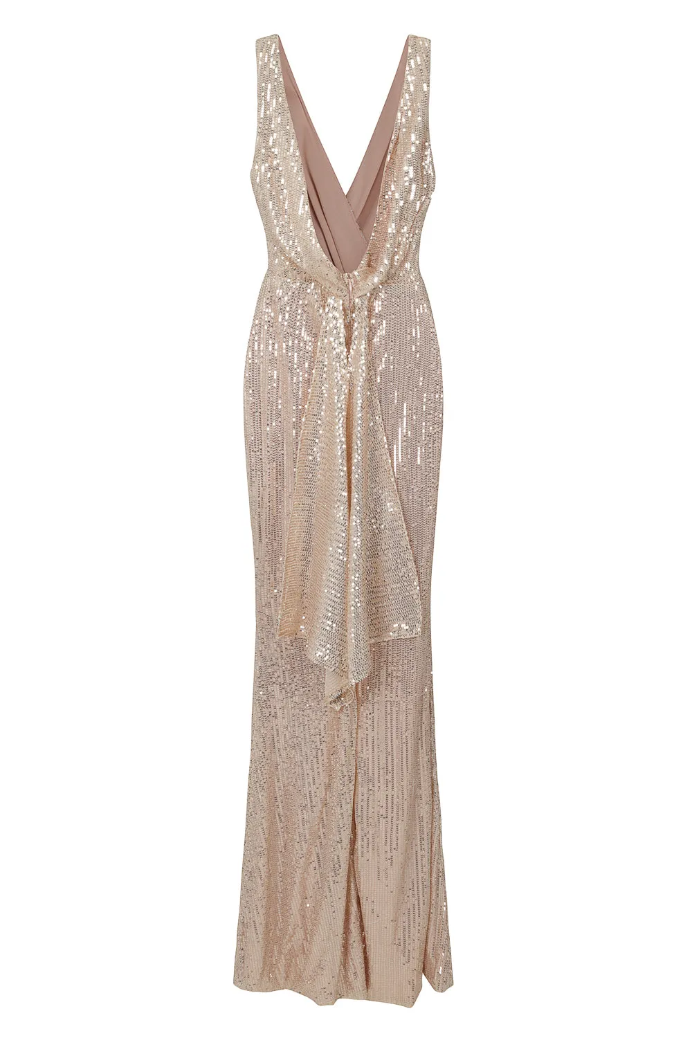 The One Rose Gold Sequin Plunge Backless Maxi Dress