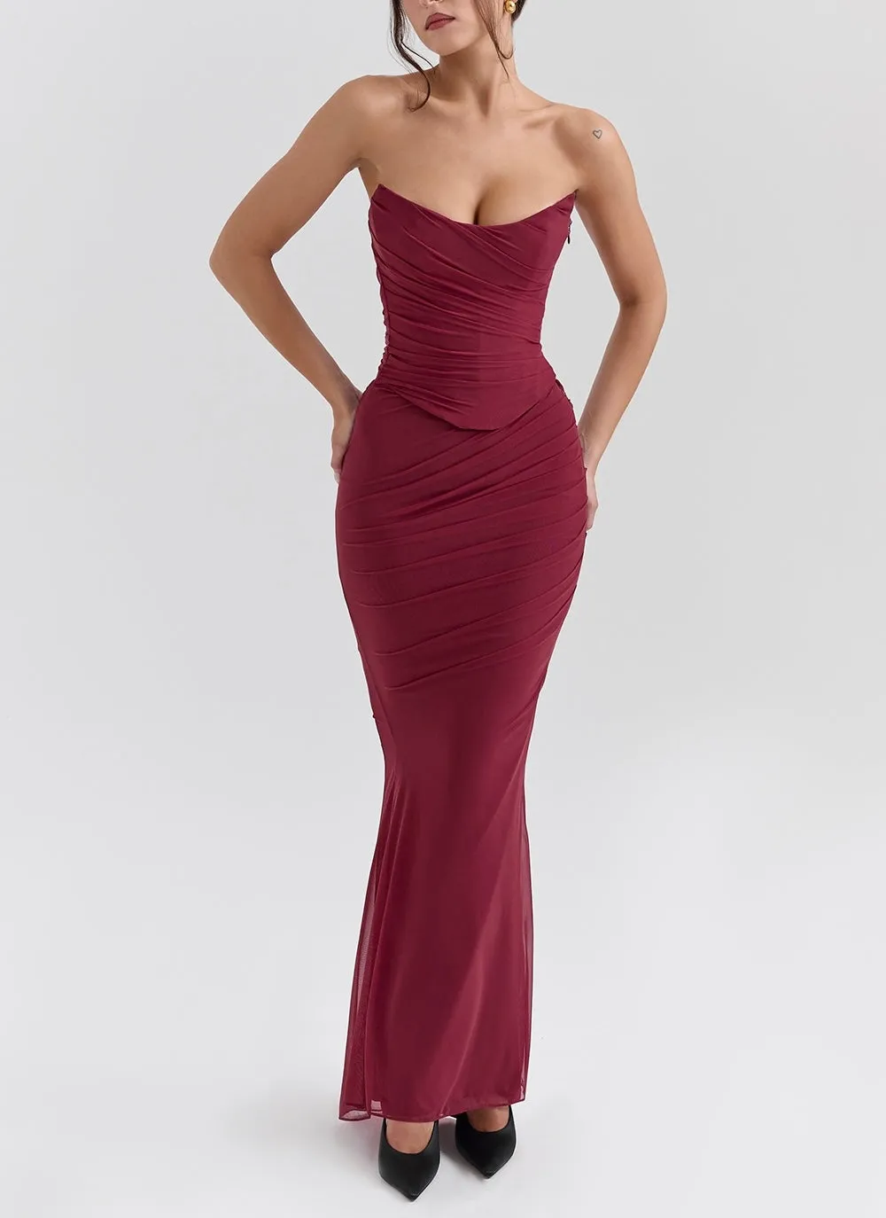 Tiara Burgundy Strapless Mesh Set Maxi Dress