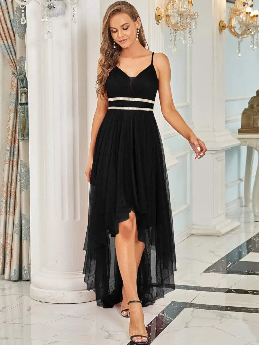 V Neck High-low Hem Pleated Tulle Prom Dress