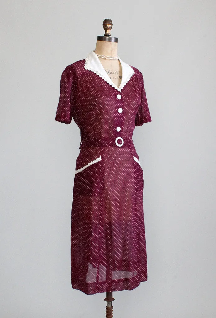 Vintage 1940s NOS Plum Swiss Dot Day Dress