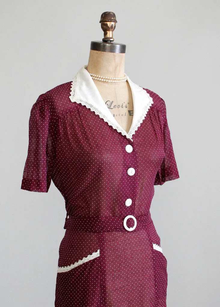 Vintage 1940s NOS Plum Swiss Dot Day Dress