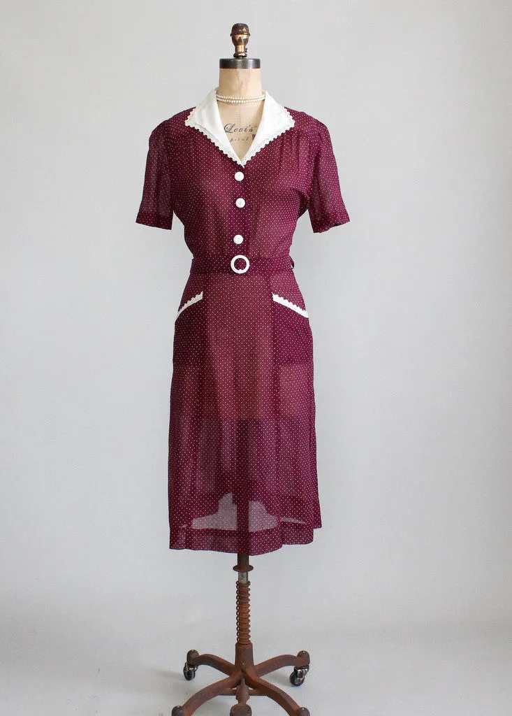 Vintage 1940s NOS Plum Swiss Dot Day Dress