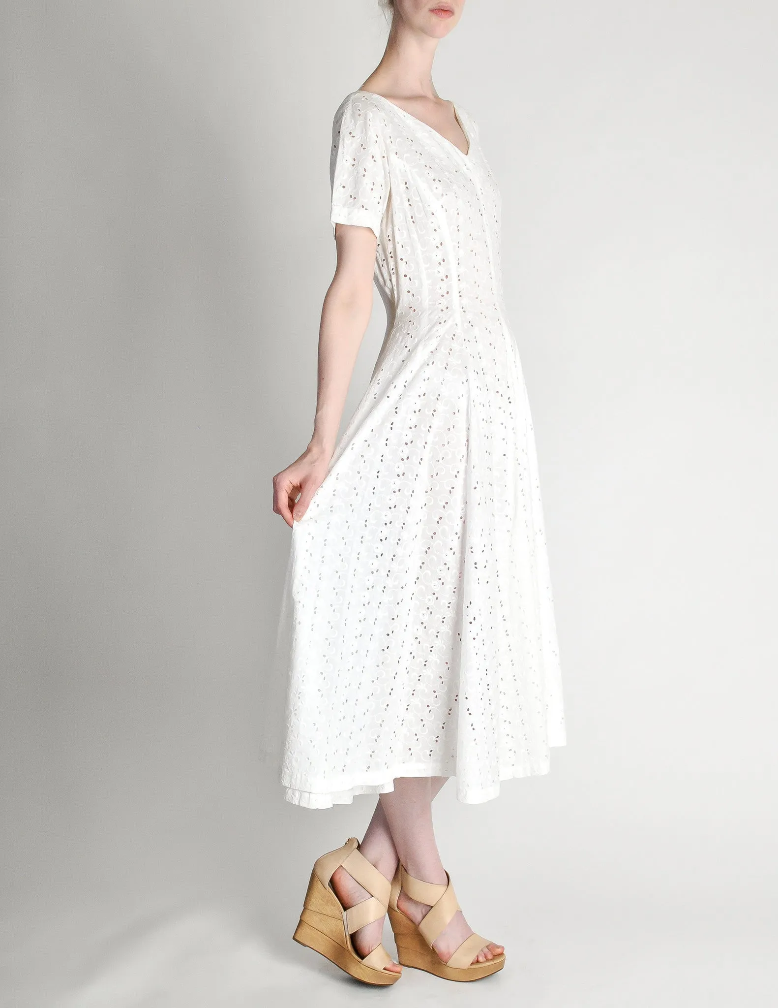 Vintage 1950s White Embroidered Eyelet Full Skirt Dress