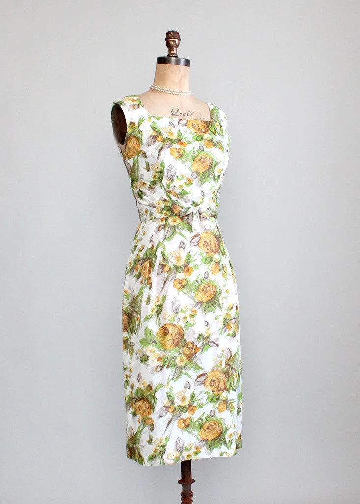 Vintage 1950s Yellow Rose Floral Dress