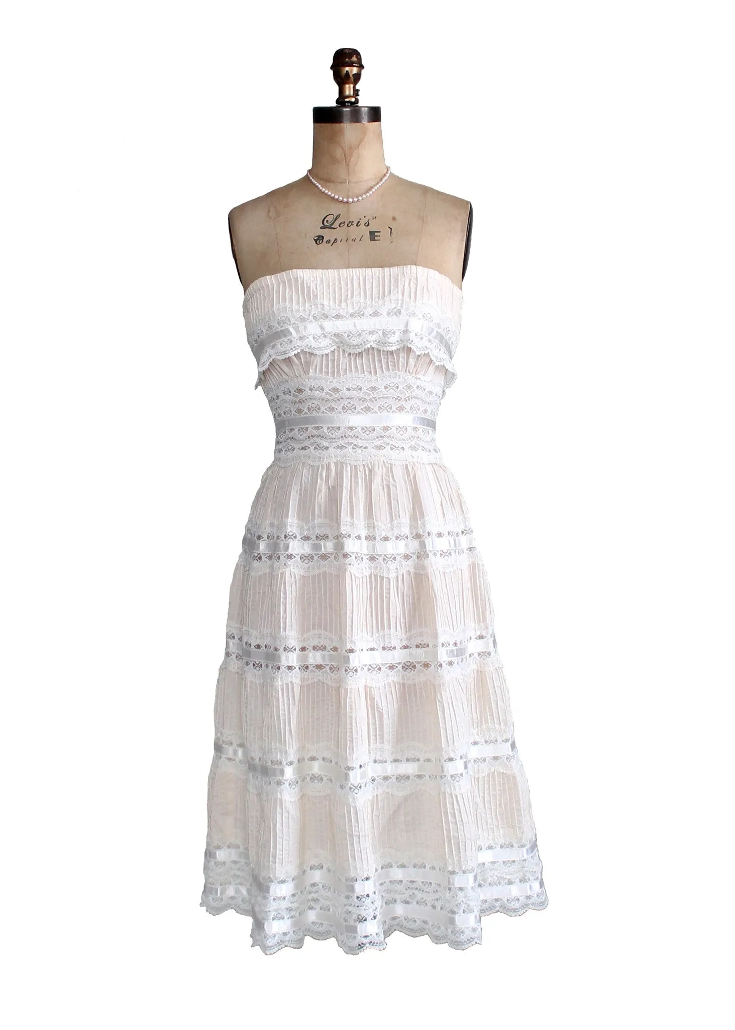 Vintage 1960s Strapless Cotton and Lace Boho Wedding Dress