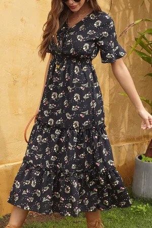 Vintage Printed Frilled Waist Long Dress