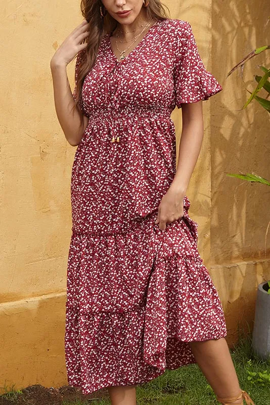 Vintage Printed Frilled Waist Long Dress