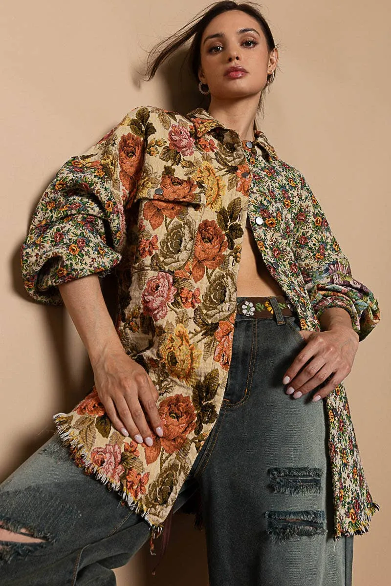 Vintage wash floral pattern jacquard shacket