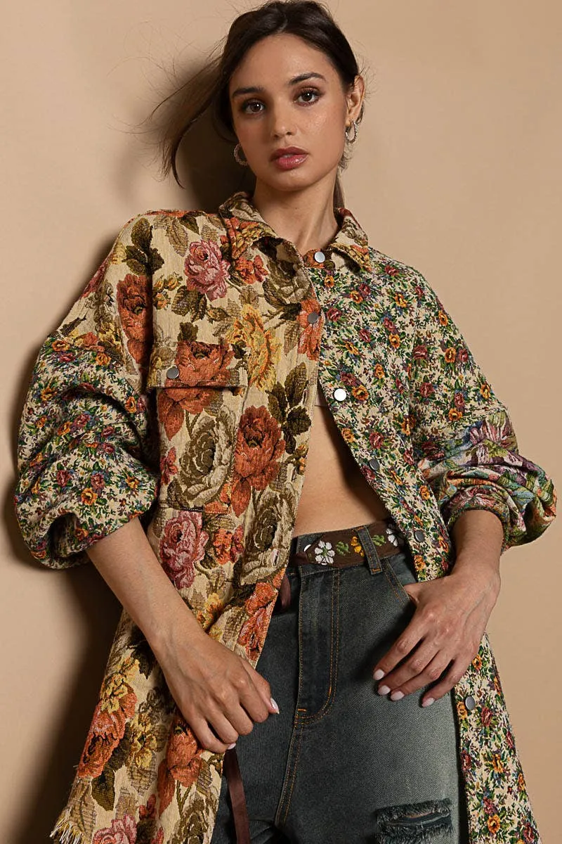 Vintage wash floral pattern jacquard shacket