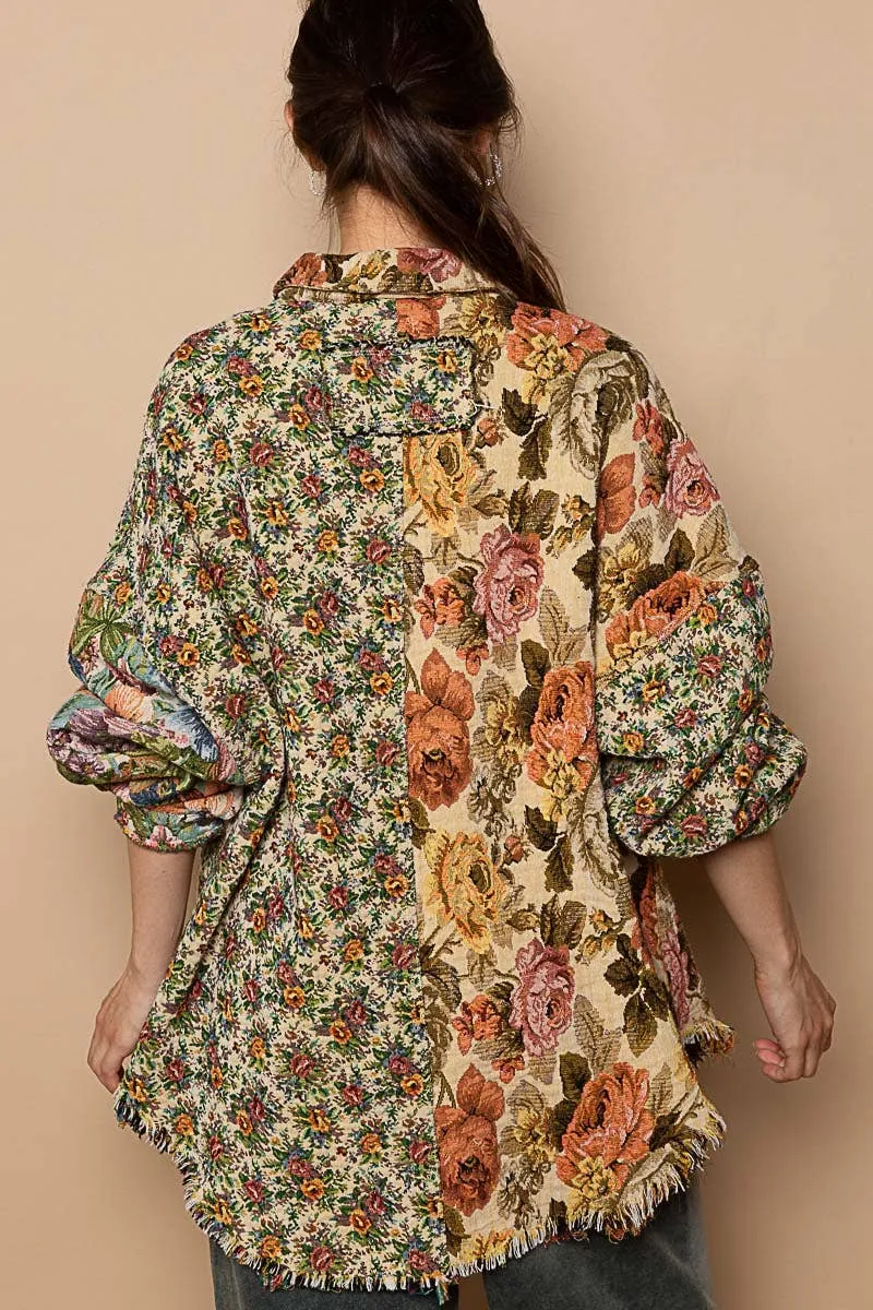 Vintage wash floral pattern jacquard shacket