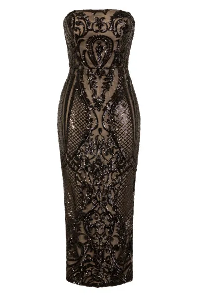 Vogue Luxe Black Nude Strapless Sequin Illusion Midi Pencil Dress