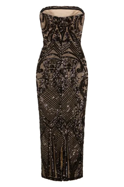 Vogue Luxe Black Nude Strapless Sequin Illusion Midi Pencil Dress