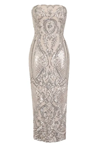 Vogue Luxe Silver Nude Strapless Sequin Illusion Midi Pencil Dress