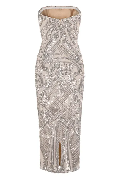 Vogue Luxe Silver Nude Strapless Sequin Illusion Midi Pencil Dress