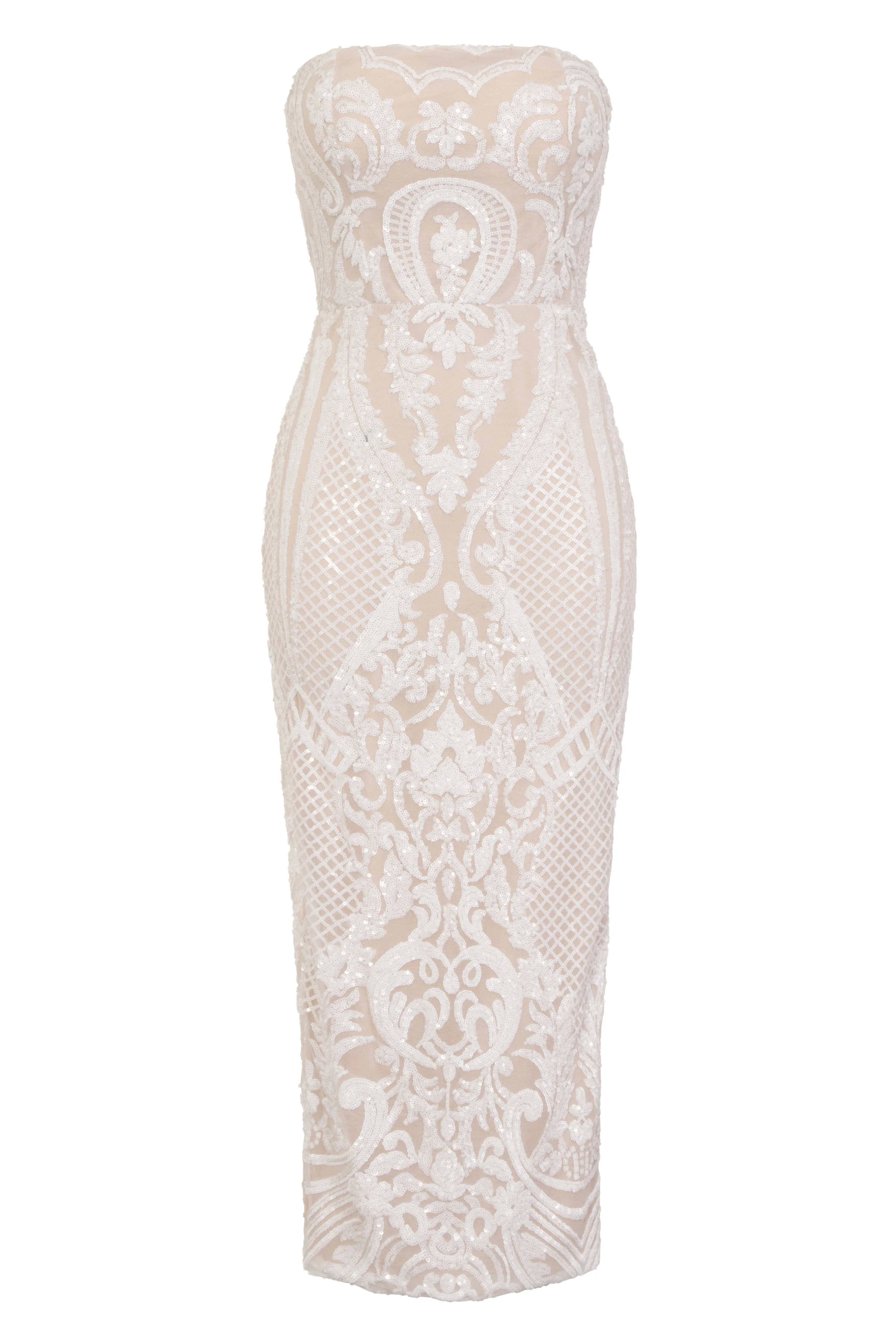 Vogue Luxe White Nude Strapless Sequin Illusion Midi Pencil Dress