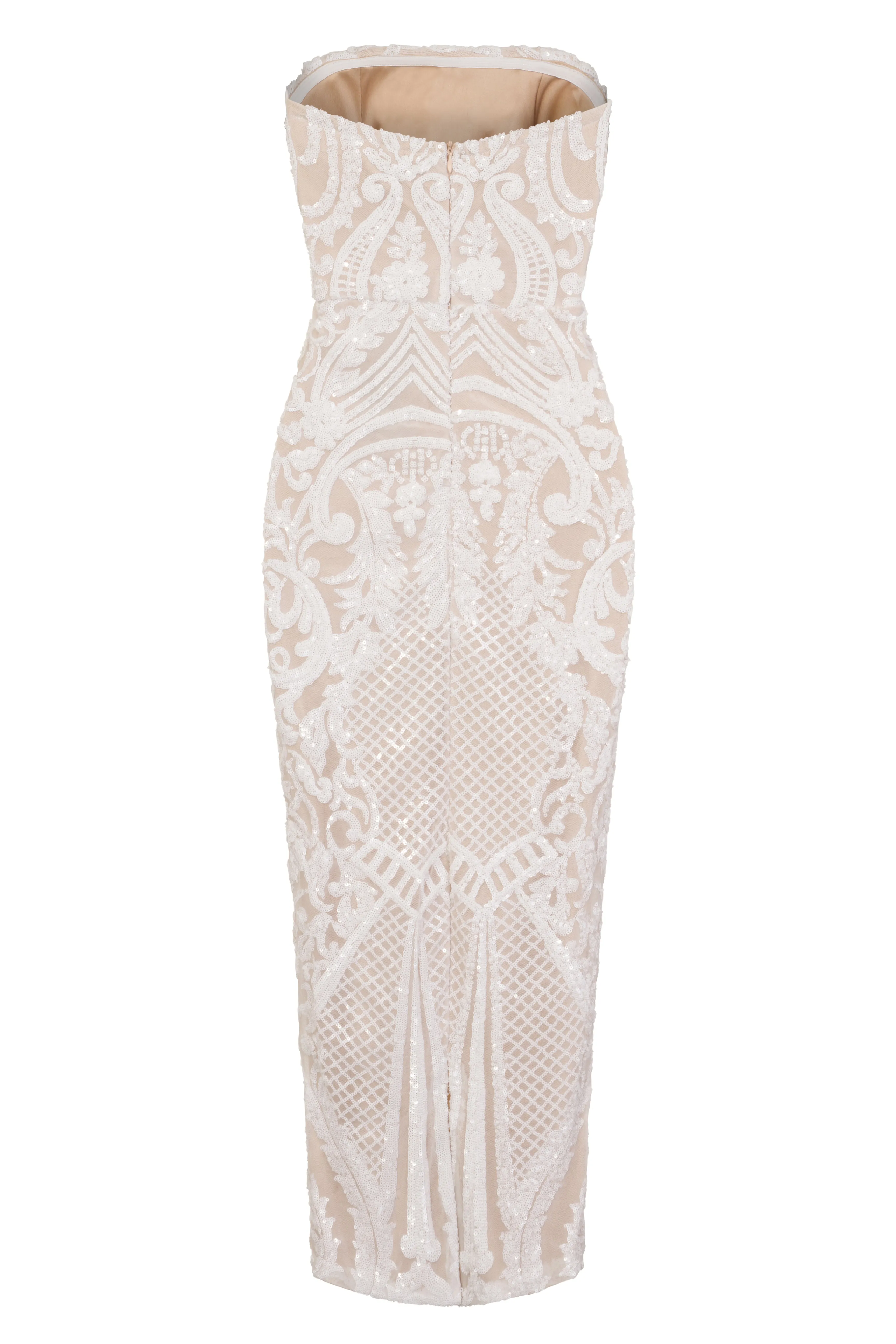 Vogue Luxe White Nude Strapless Sequin Illusion Midi Pencil Dress