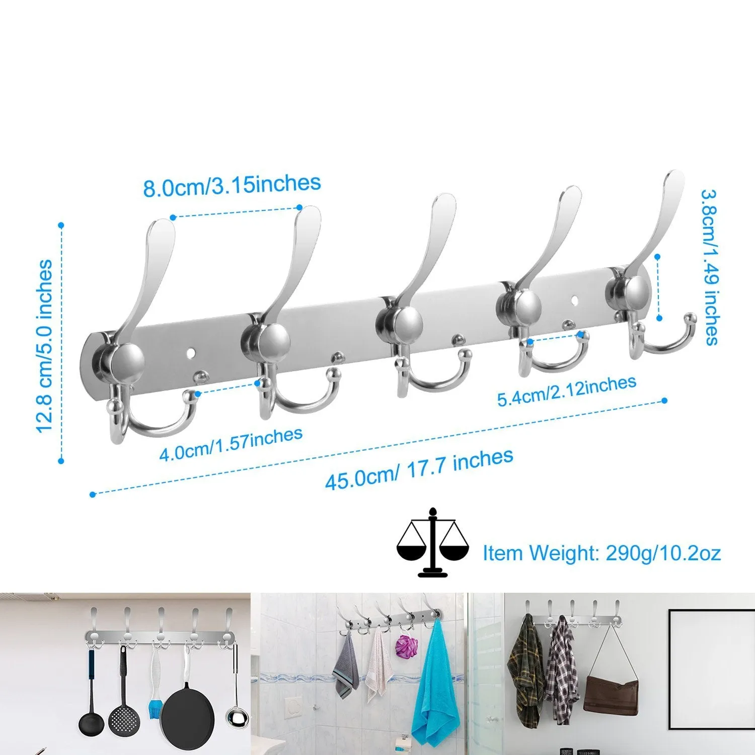 Wall Mount Coat 15 Hooks Stainless Steel Clothes Hanger Rack