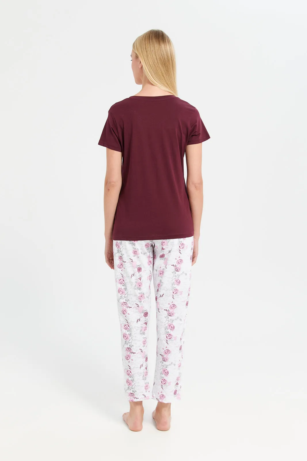 Women Burgundy And White Chest Print Pyjama Set (2 Piece)