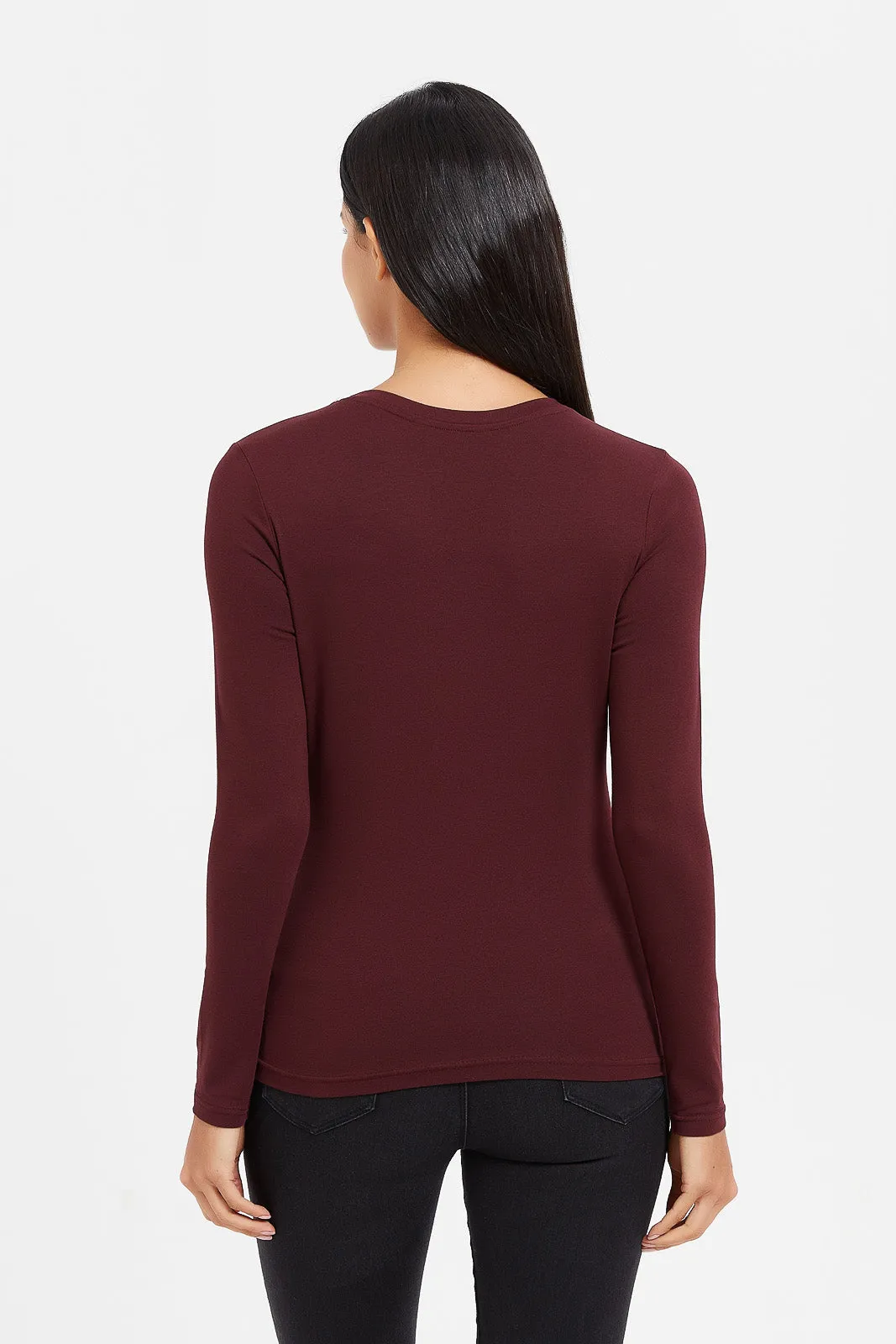 Women Burgundy Long Sleeve T-Shirt