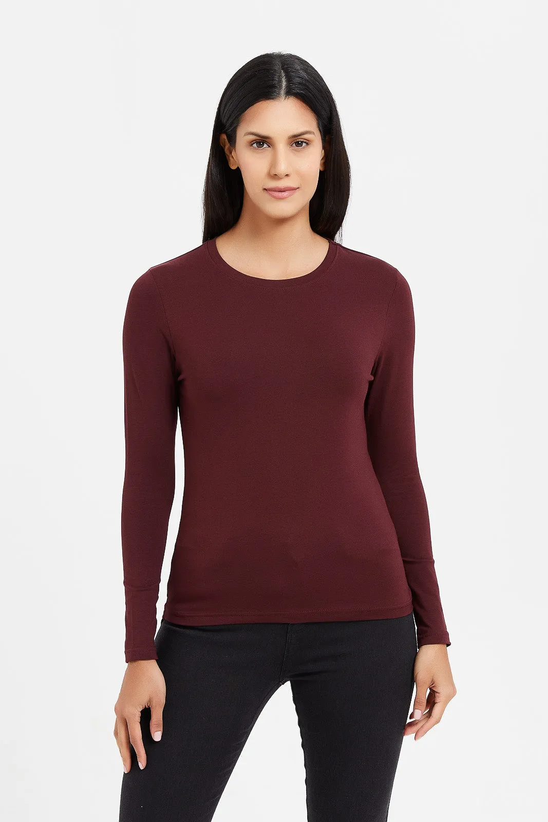 Women Burgundy Long Sleeve T-Shirt