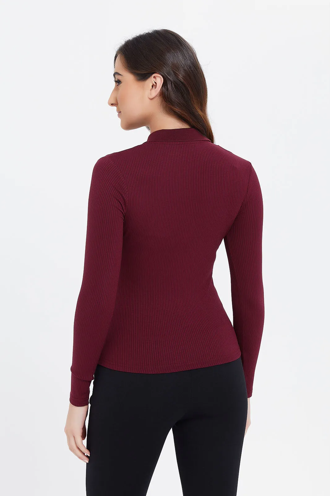 Women Burgundy Ribbed Polo Shirt