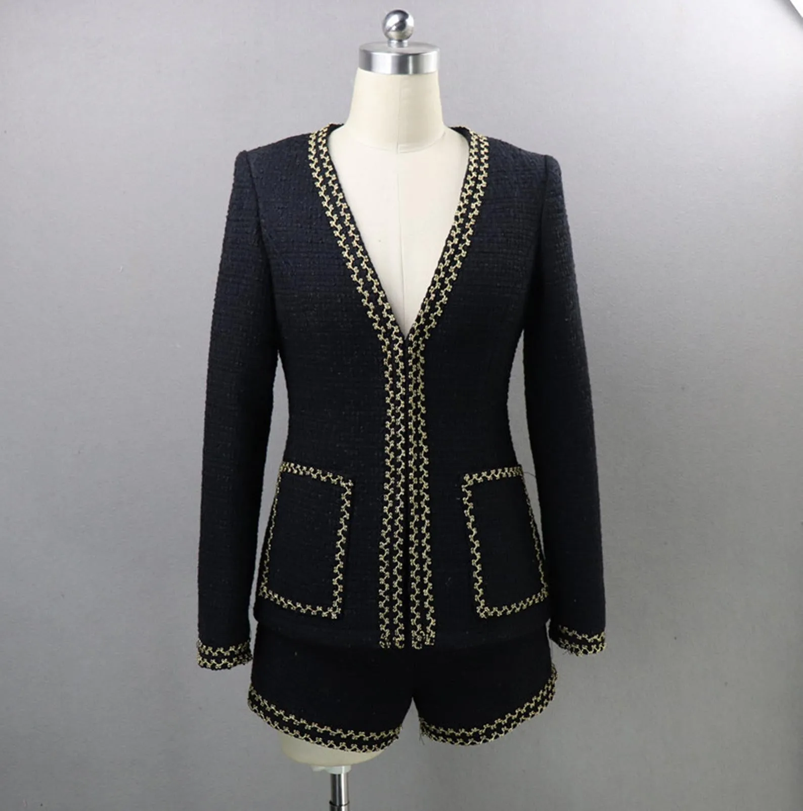 Women's Designer Inspired Golden Trim Hand Custom Made Tweed Shorts/Skirt Suit