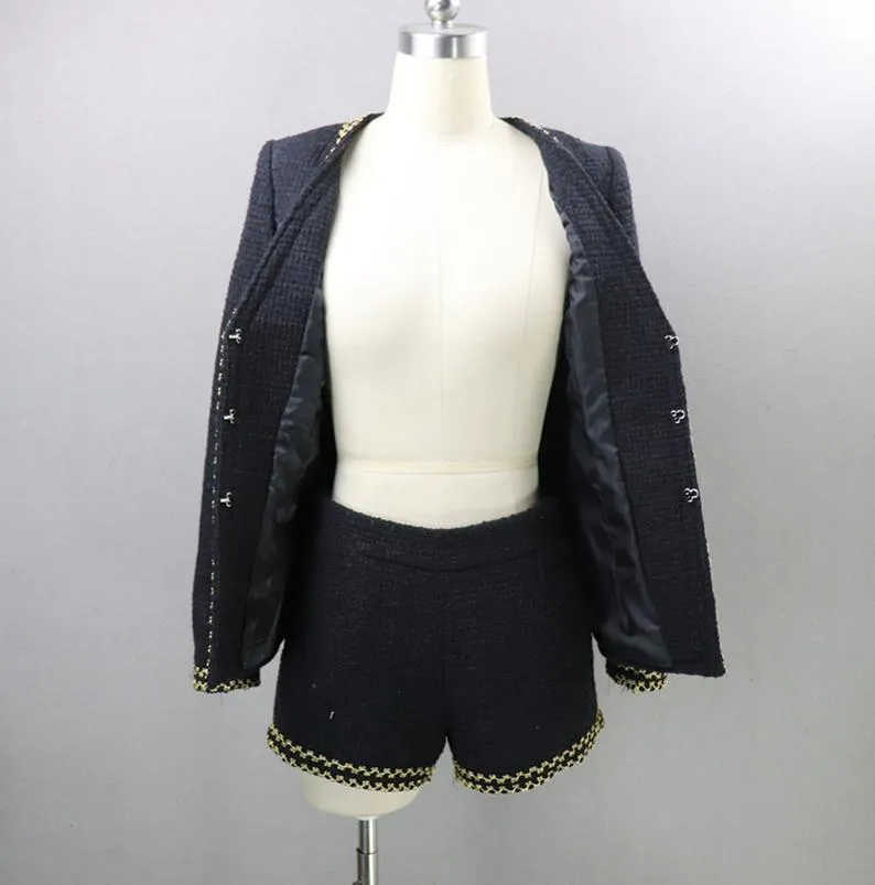 Women's Designer Inspired Golden Trim Hand Custom Made Tweed Shorts/Skirt Suit