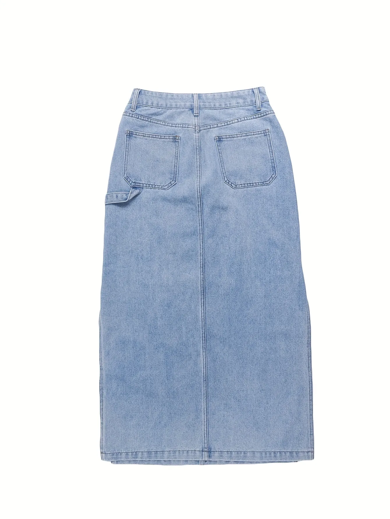 Women's Plain Washed Blue Denim Skirt, Street Style, High Waist, Side Split, Casual Jean Skirt For Daily Wear For Fall