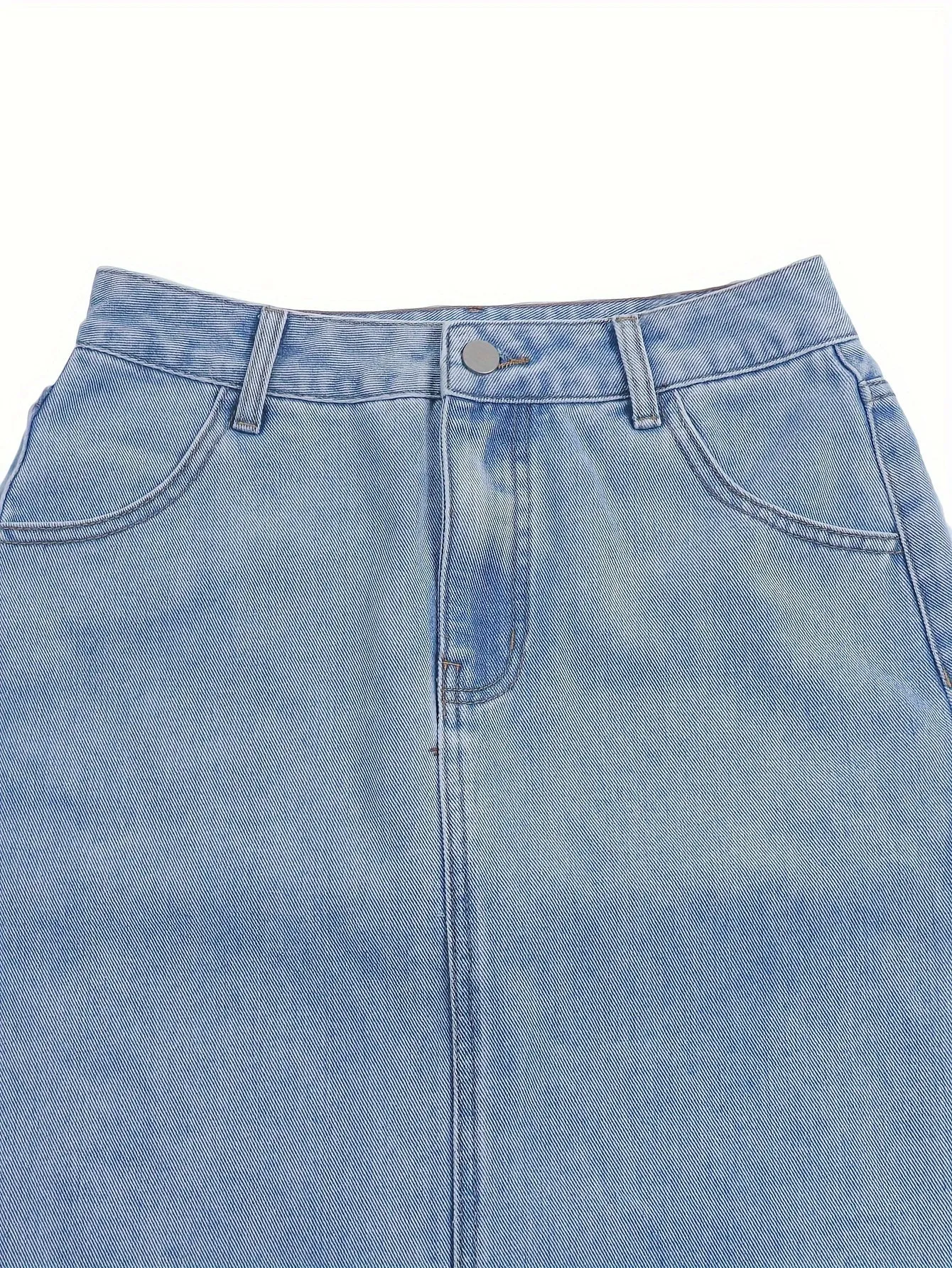 Women's Plain Washed Blue Denim Skirt, Street Style, High Waist, Side Split, Casual Jean Skirt For Daily Wear For Fall