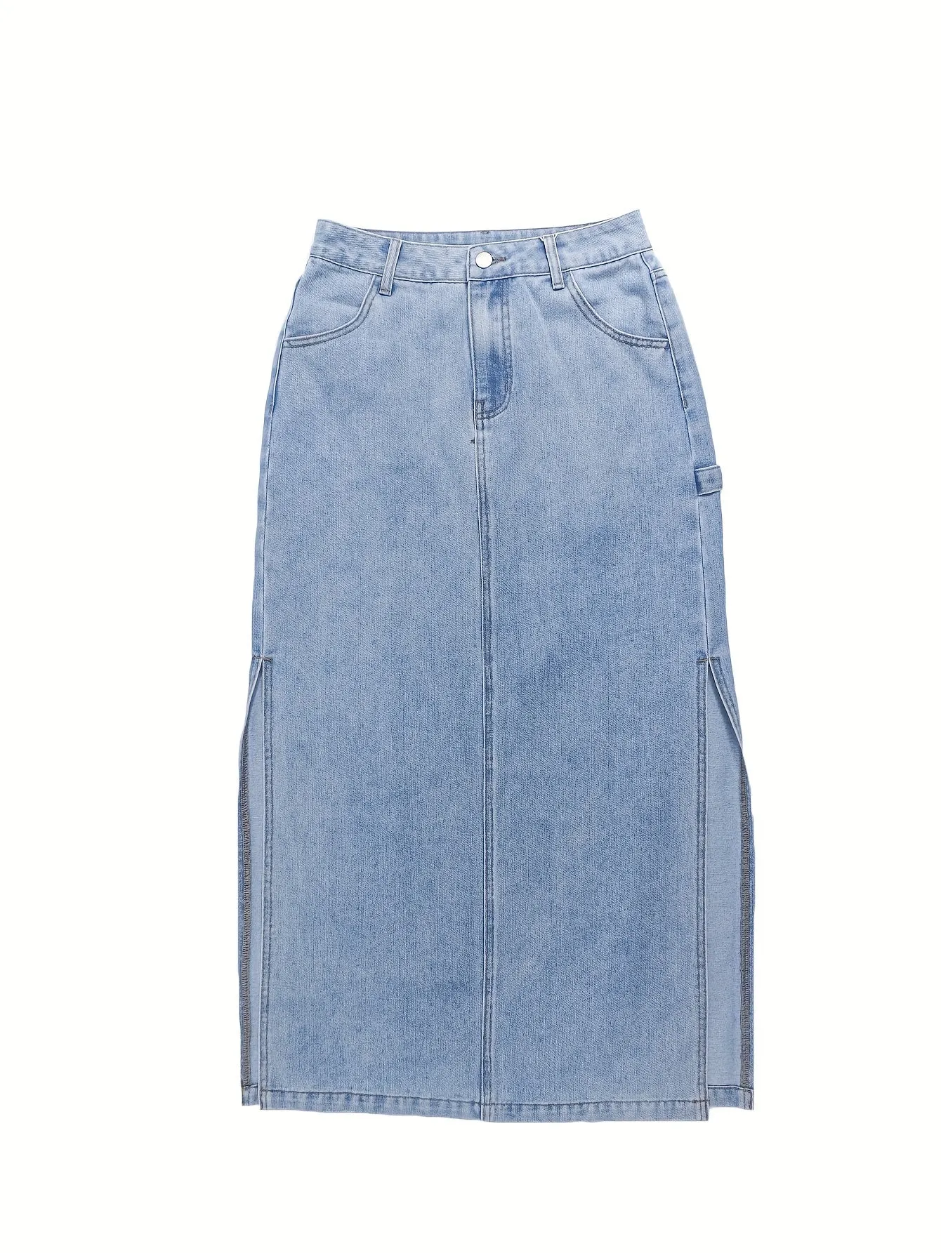 Women's Plain Washed Blue Denim Skirt, Street Style, High Waist, Side Split, Casual Jean Skirt For Daily Wear For Fall