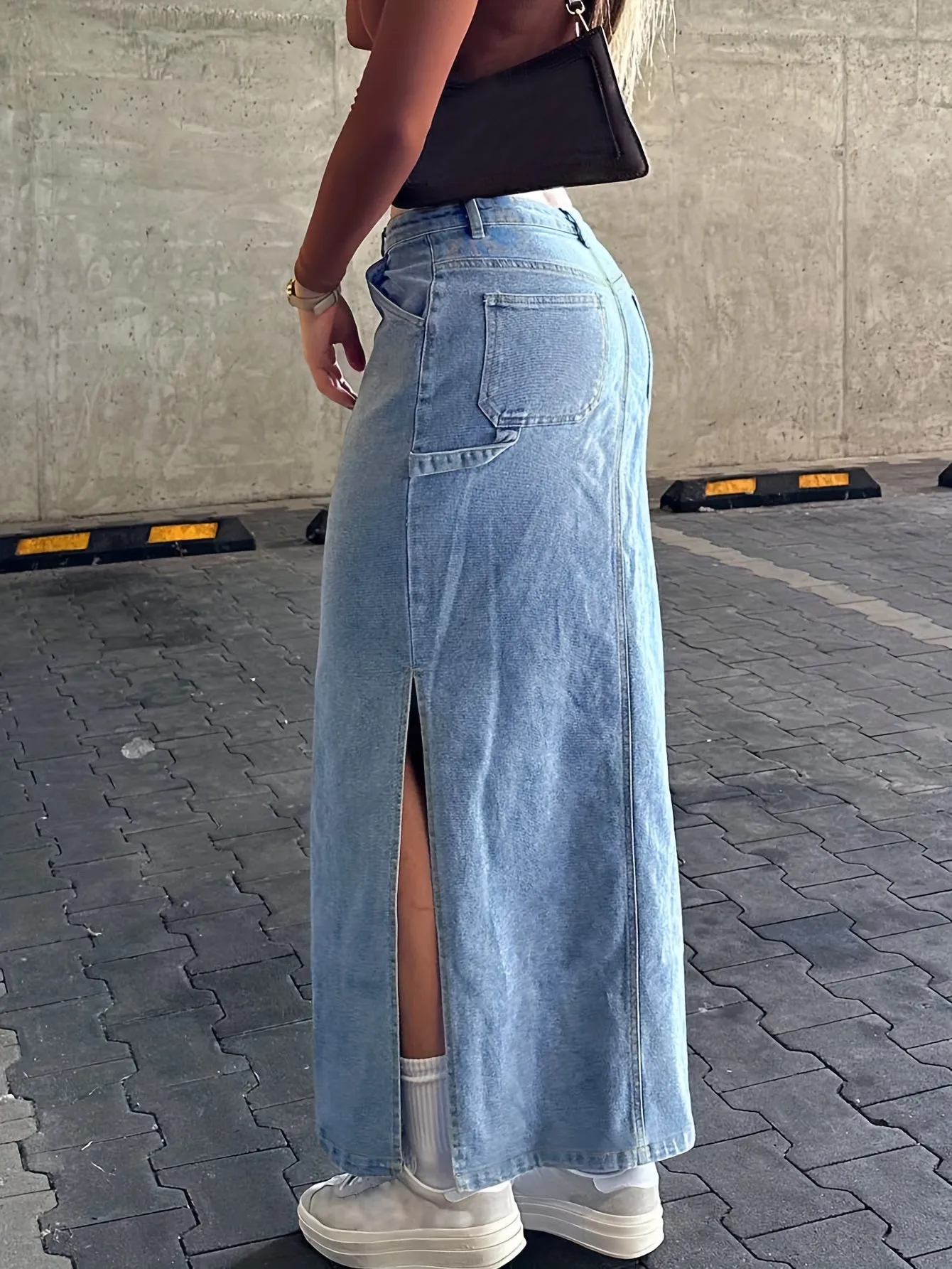 Women's Plain Washed Blue Denim Skirt, Street Style, High Waist, Side Split, Casual Jean Skirt For Daily Wear For Fall