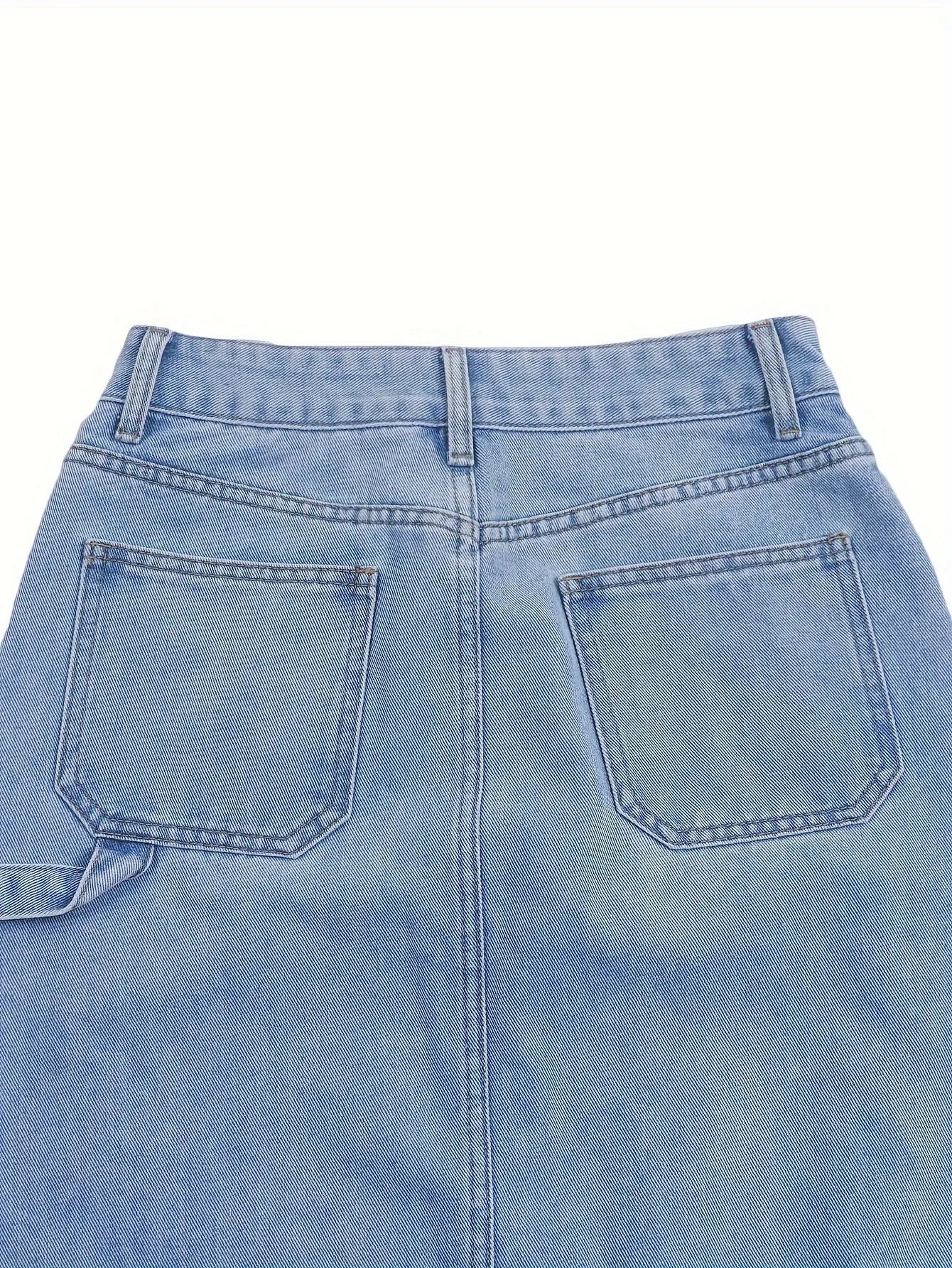 Women's Plain Washed Blue Denim Skirt, Street Style, High Waist, Side Split, Casual Jean Skirt For Daily Wear For Fall