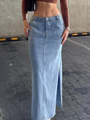 Women's Plain Washed Blue Denim Skirt, Street Style, High Waist, Side Split, Casual Jean Skirt For Daily Wear For Fall