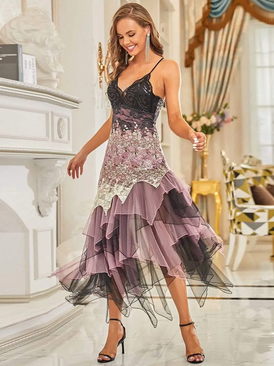 Women's V Neck Multi Color Asymmetrical Hems Prom Dress